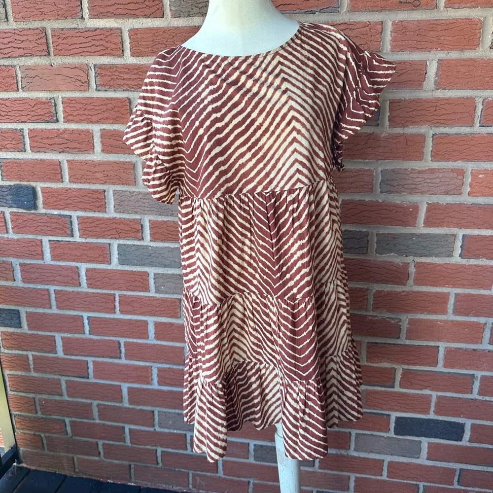 MNG Tiered, Flutter Sleeve, Back Tie Animal Print Cotton Mini Dress - Small